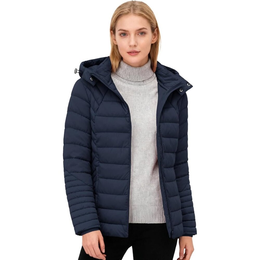 Women's Dark Blue Quilted Hood Down Jacket Coat Detachable Warm Winter Travel - Picture 3 of 5